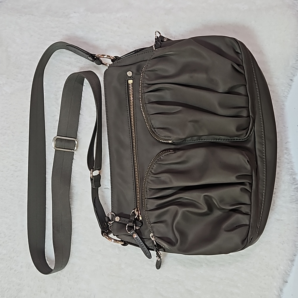 MZ Wallace Olive Quilted Nylon Crossbody with Ruched Front Pockets